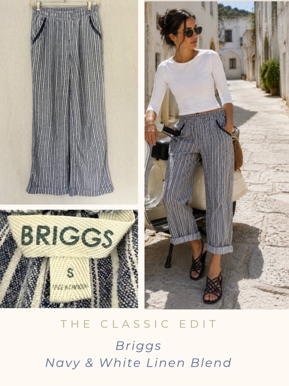 Briggs New York Navy & White Striped Wide-Leg Linen-Blend Pants